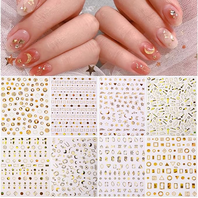11 Sheets Gold Nail Art Stickers Decal,Stars Moon Nail Decals 3D Self-Adhesive Nail Art Supplies Metallic Stars Moon Planet Heart Glitter Nail Designs Sticker for Women DIY Acrylic Nails Decorations
