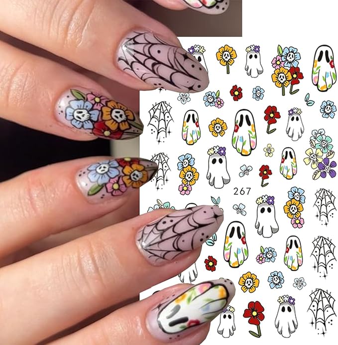 6 Sheets Flower Halloween Nail Art Stickers Colorful Ghost Nail Stickers Pumpkin Nail Decals Spider Web Tree Star Orange Design Cute Nail Sticker for Nail Art for Women Decoration Holiday Manicure