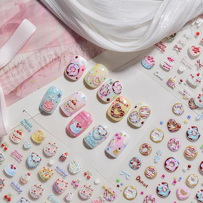 Christmas Nail Stickers 5D Birthday Cake Candle Nail Art Stickers Bow Fruit Nail Decals Self Adhesive Design 3D Cute Sticker Holiday Nail Art Decoration for Girls Women Manicure Accessories