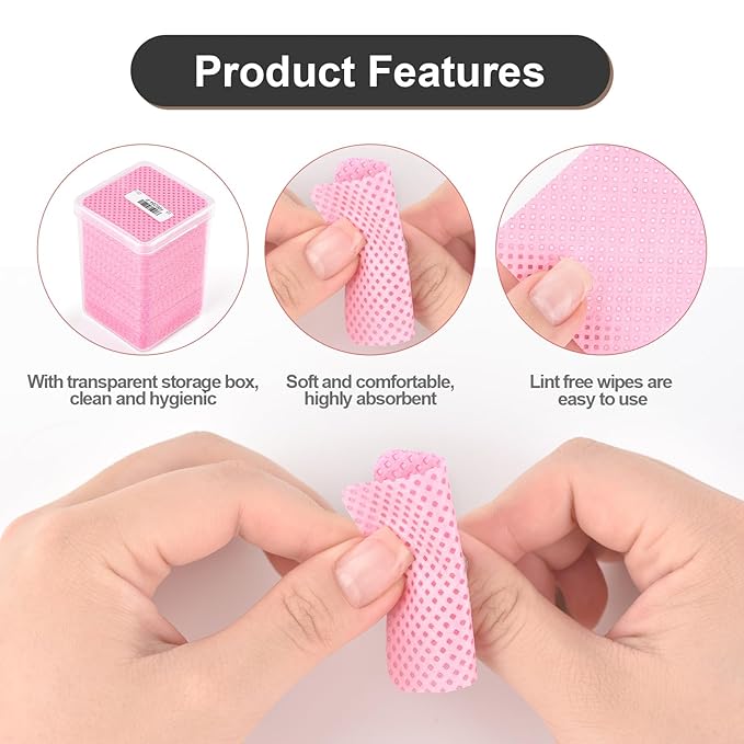 Lint Free Nail Wipes 350Pcs Nail Polish Removal Wipes Disposable Non-Woven Nail Cotton Pads Super Absorbent Eyelash Extension Glue Cleaning Wipes Nail Salon and Home Use, Pink
