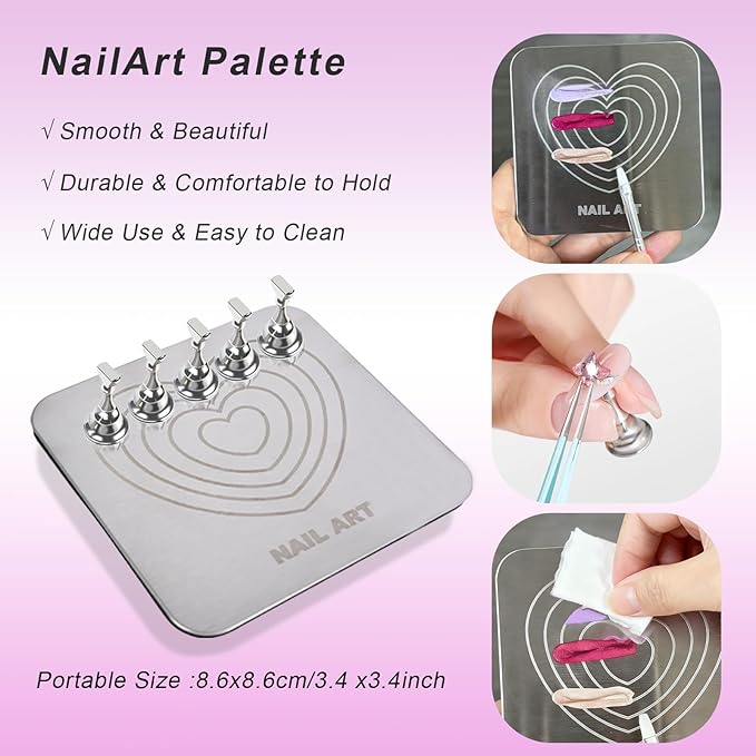 Nail Stand Brush Set, Magnetic Stands with Metal Base Art Palette, Reusable Nail Tips Display Practice Acrylic Holder with 200pcs Sticky Tabs and Tools for Home DIY Salon Supplies-Pink