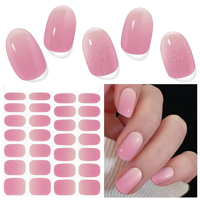 Semi Cured Gel Nail Strips (Shiny Peach Pink), 28 pcs UV Gel Nail Stickers for Women Work with Any UV Lamps, Salon Quality Nails Wraps for Home DIY Nails Art