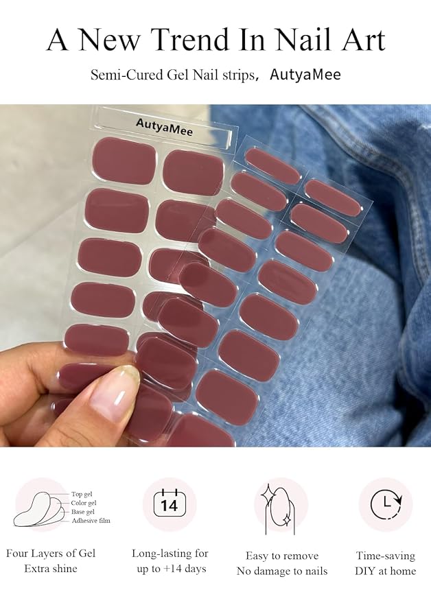 Semi Cured Gel Nail Strips (Fall Mauve), 30 Pcs Red Gel Nail Wraps, Stickers, UV Light Required