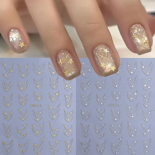 2 Sheets Star Nail Decals with Line Design, Gold Silver Star Nail Design Stickers, 3D Self-Adhesive Nail Stickers for Women DIY Daily Manicure Decoration Supplies Acrylic Nails Decoration