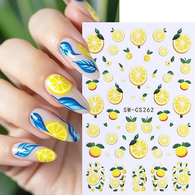 5Sheets Fruit Nail Art Stickers 3D Bohemia Fruit Design Nail Decals Self-Adhesive Flower Pattern Totem Lemon Nail Sticker Summer Strawberry Blueberry Nail Decal for Women DIY Nails Decoration Supplies