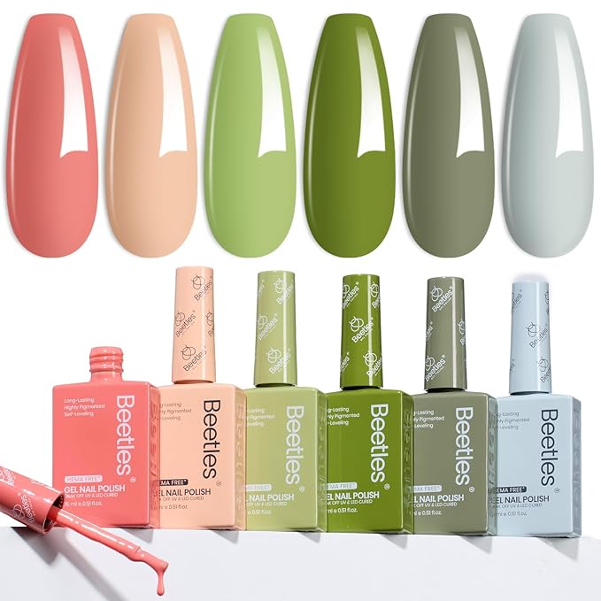 Beetles Gel Nail Polish Set Hema Free - 6 Colors Green Nude Natrual Pink Gel Polish Kit Soak Off Uv LED Nail Lamp 15ml DIY Home Manicure Salon Lakeside Serenity Gift for Women Girls