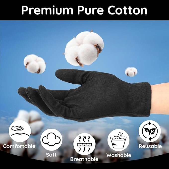 Segbeauty 12 Counts Black Cotton Gloves for Sleeping, 6 Pairs Lotion Hand Moisturizing Cotton Gloves for Dry Hands Overnight, Hand Care Sleep Moisture Glove for Men Dry Hands Reusable Spa Glove Large