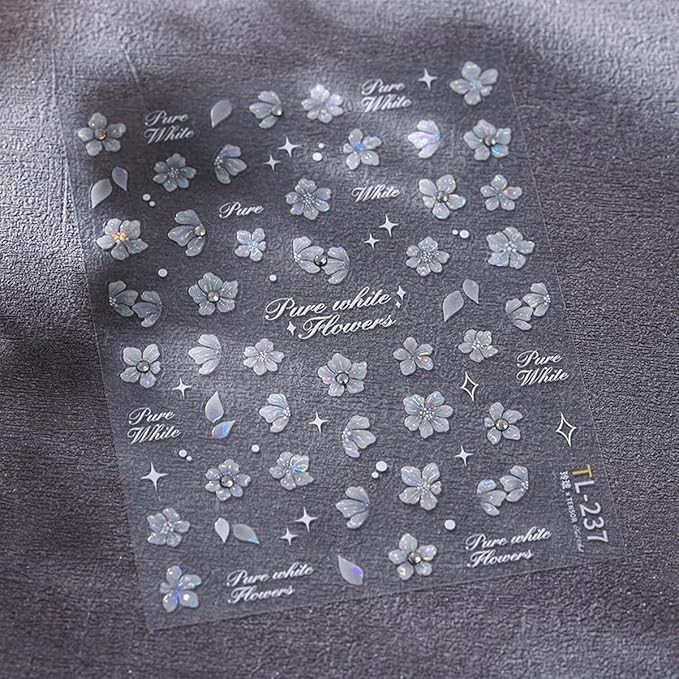 White Flower Nail Art Stickers - 5D Embossed Decals, Self-Adhesive Rhinestone Nails - Spring Flower Theme