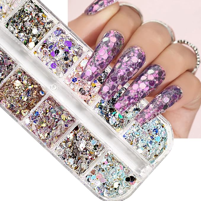 12 Colors Holographic Nail Art Glitter Sequins Chameleon Nail Sequin Hexagon Crafts Stickers Flake Nail Glitter Laser Mermaid Hexagon Confetti Glitters Design Nail Art Decoration for DIY Nail Charms
