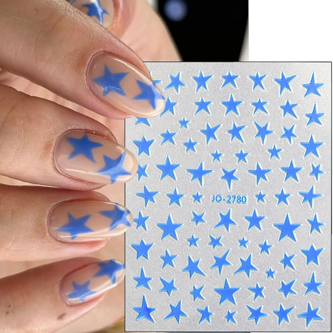 6Pcs Star Nail Stickers 3D Self Adhesive Glitter Stars Nail Decals Shiny Gold Silver Black White Pink Blue Stars Nail Design Sticker Holographic Cute Nail Art Stickers for Women DIY Manicure Supplies