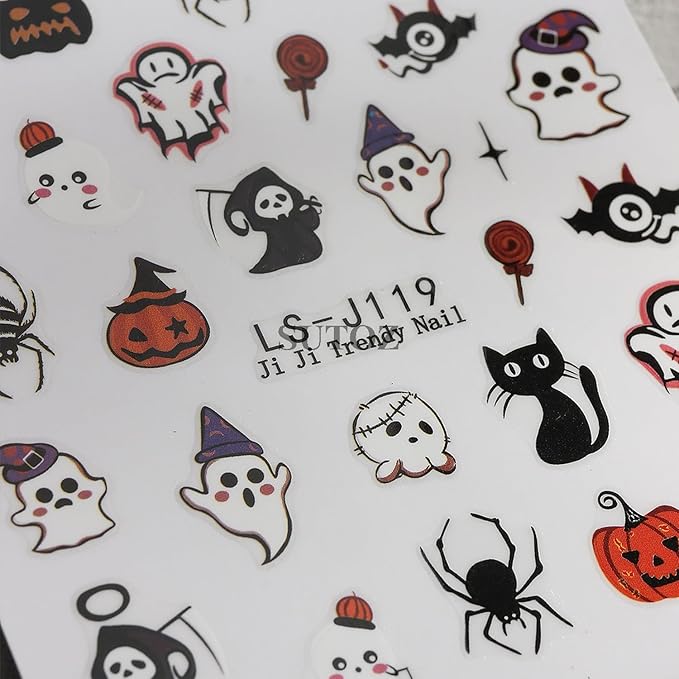 6 Sheets Halloween Nail Art Stickers 3D Self Adhesive Cute Coal Ball Ghost Skull Designs Pumpkin Nail Stickers Spider Web Stars Bat Nail Decals Sticker Halloween Nails Art Supplies for Women