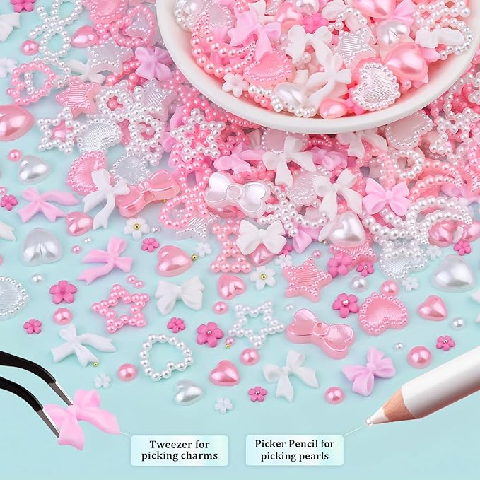 3D Nail Charms for Coquette Nails Design Set 2, Cute White Pink Nail Bows + Assorted Pearl Heart Star Moon Bowknot Nail Jewels + 3D Flower Charms and Nail Pearls, with Picker Tools for Nail Decor