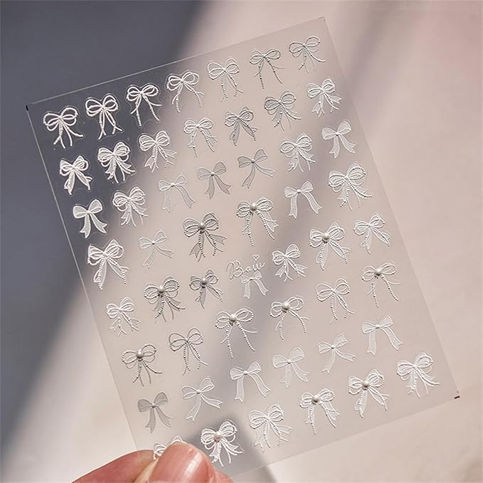 1 Sheets 5D Embossed White Lace Bow Nail Art Stickers Decals Self-Adhesive White Bow Knot Design Nail Stickers Bow Pearl Nail Art Supplies Cute Bow Nail Decals for Women Girl Manicure Decoration