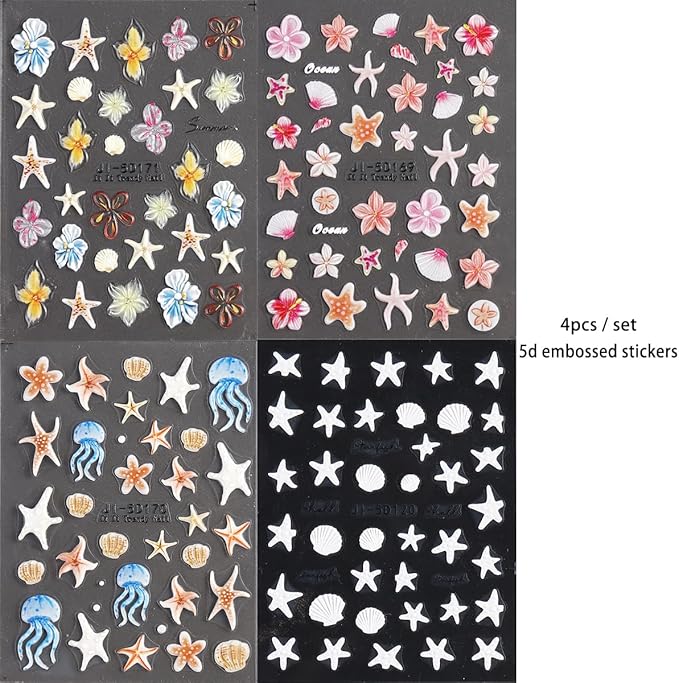 5D Embossed Ocean Nail Stickers, Summer Hibiscus Flowers Sticker for Nails Art Self-Adhesive Floral Decals Starfish Sea Shell Jellyfish Tropical Nail Stickers Pegatinas para Uñas