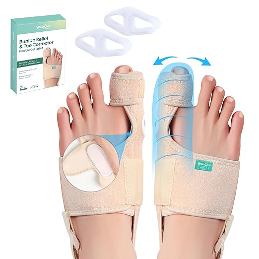 Welnove Bunion Corrector - Orthopedic Bunion Splint - Big Toe Separator Pain Relief - Bunion Correction Toe Straightener with Non-slip Strap, Day Night Support (Beige, 2 Count) - With 2 Gel Separators