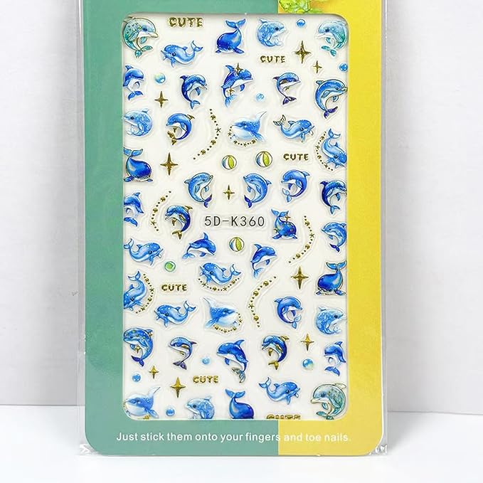 1 Sheets Summer Nail Art Stickers 5D Embossed Beach Cute Dolphin Stars Designs Self Adhesive Nails Supplies Blue Summer Sea Theme Manicure Decorations for Women Exquisite Cardboard Kit