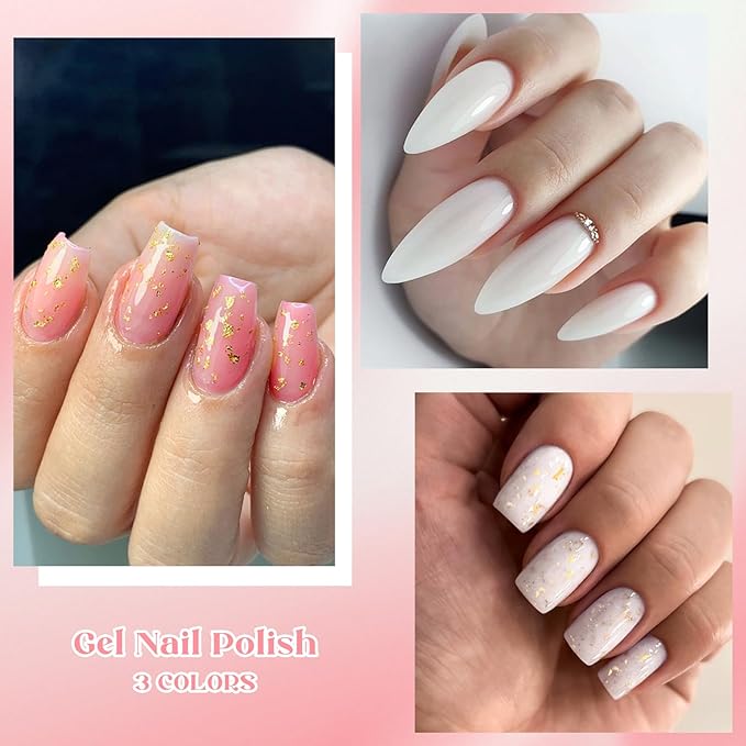 MEET ACROSS Poly Nail Gel 8Pcs Nail Extension Gel Set and Nail Extension Starter Kit for Beginners Nail Art DIY Home Gifts for Women (White + Gold Foil, 8pcs)