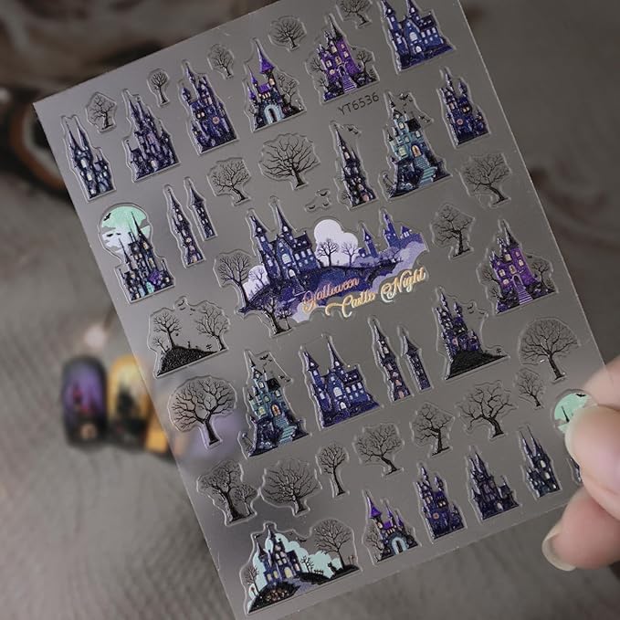 Halloween Nail Stickers for Nail Art - Terror Cabin Nail Art Sticker Halloween 5D Embossed Nail Decals Self-Adhesive Nails Supply Manicure Stickers for Nails Decoration
