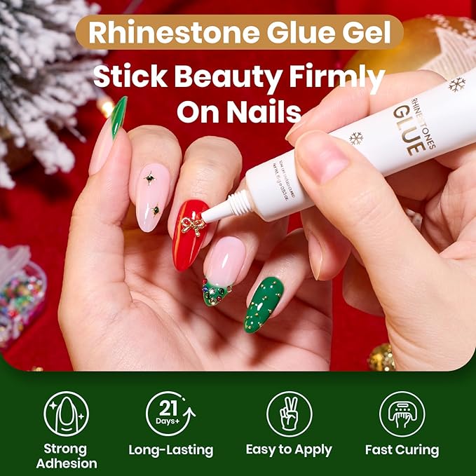 Beetles Christmas Rhinestones Glue Kit - Christmas Limited with 3D Sculpting Gel, Strong Nail Art Gem Glue &Tool for Crystals Pearls Charms Christmas Nail Art DIY Decoration Gift for Women
