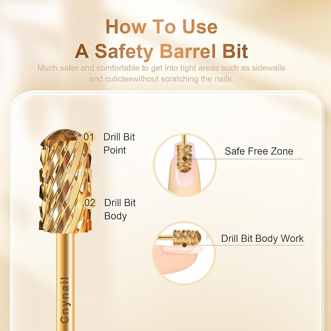 3/32" Large Barrel Smooth Round Top Tungsten Carbide Nail Drill Bit Safety Bit for Gel & Acrylic Removal, 2-Way Rotating Efile Tip, Salon Electric File Accessory (3XC Grit, Gold)