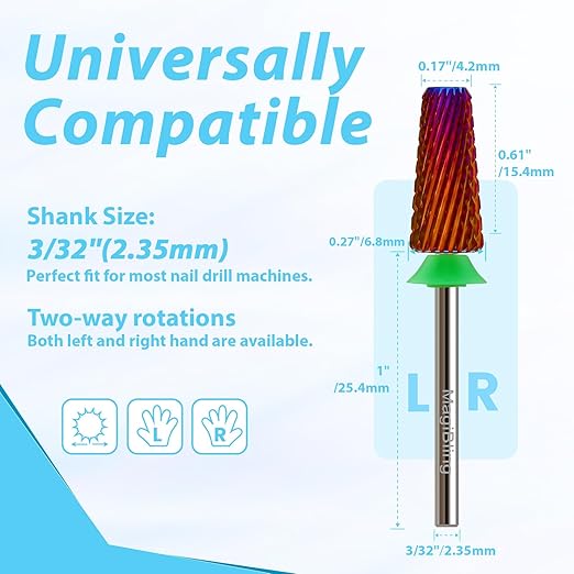 Professional Nail Drill Bits for New Artists, Cross Cut 3/32'' Safety Tungsten Carbide Tapered Bit, Remove Gel Fast, Left & Right Hand Use, Manicure Cuticle Soft Hard Gel Polishing, Coarse.