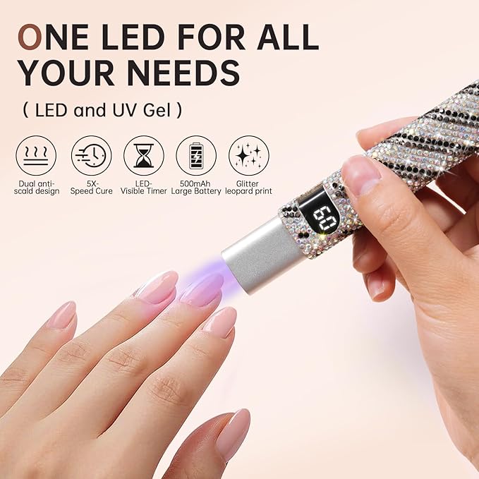 Handheld UV Light for Gel Nails,Mini LED Cordless Nail Lamp for Gel Nail Polish,Portable Flash Cure Lamp,Rechargeable USB Nail Dryer with LCD Display Fast Curing (Zebra Diamond)