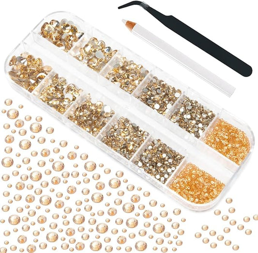 4010pcs Champagne Gold Nail Art Rhinestones Kit Makeup Flatback Rhinestones Golden Nail Charms 6 Sizes (1.6-6.1mm) Up to SS30 Round Crystal Nail Gems Stones w Picking Pen for Nail DIY Eyes Face Makeup