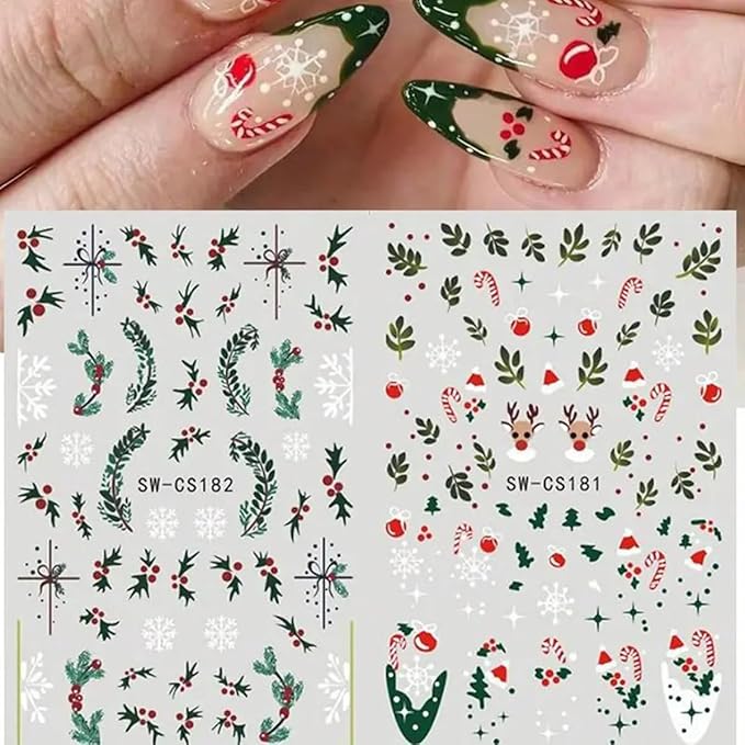 Christmas Nail Art Stickers Decals Holly Leaf Candy Cane Design 3D Self-Adhesive Xmas Nail Art Supplies Decals 6PCS Snowflakes Bow Star Ball Christmas Stickers for Nails Holiday Manicure Decorations
