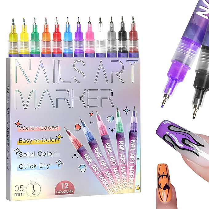 Fine Tips 3D Nail Art Pens, 12 Colors 0.5 MM Nail Marker Pens Nail Point Graffiti Dotting Drawing Painting Liner Pen for Home Salon Quickly Dry Nail Art