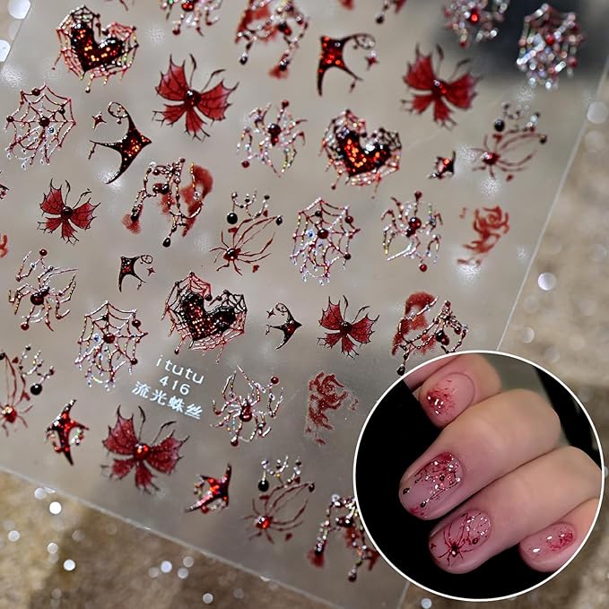 1 Sheets Halloween Nail Stickers for Nail Art 5D Self-Adhesive Embossed Spider Web Nail Art Stickers with Glitter Red Spider Butterfly Heart Bat Nail Decals Halloween Nail Design Sticker for Women