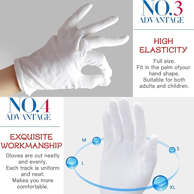 24pcs Soft Cotton Gloves for Dry Hands, Overnight Eczema Moisturizing Lotion Treatment Reusable Work Gloves for Coin Jewelry Silver Archival Costume Inspection (Medium, White)