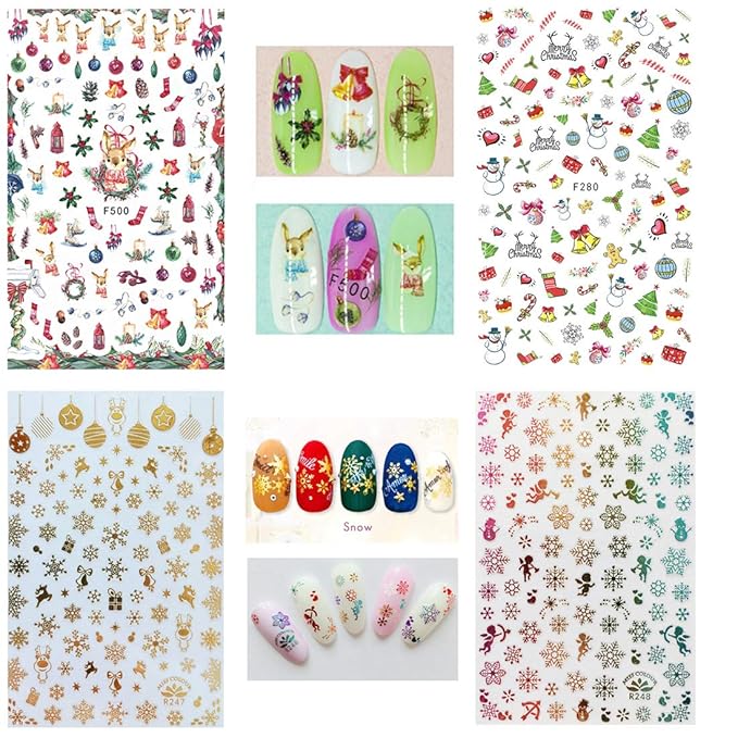 1000 Patterns Christmas nail art sticker decals, Kalolary Self-Adhesive Nail Stickers Santa Claus Snowflake Snowman Christmas Bell Tree Stick Elk for Christams Nail Decoration Gift(12 Sheets)