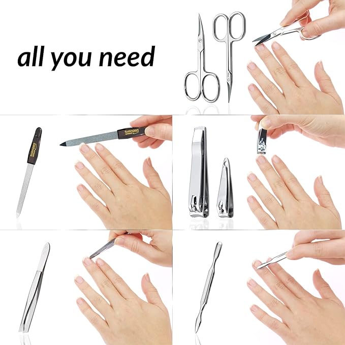 Manicure Set Solingen Made in Germany - 7 Piece Exclusive Finger & Toe Nail Clippers Kit for Women and Men in Real Leather Case, Color Red