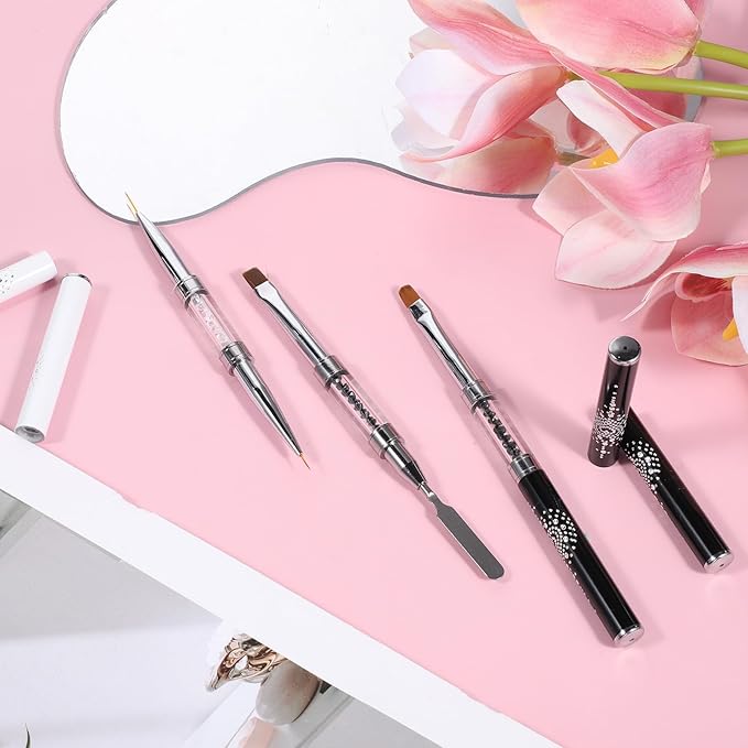 3Pcs Hard Gel Nail Brushes, Dual-Ended French Tip Nail Gels Liner Brush Rhinestone Handle Nails Brush, Builder Gel Liner Brushes for Professional Nails Art French Manicure Design