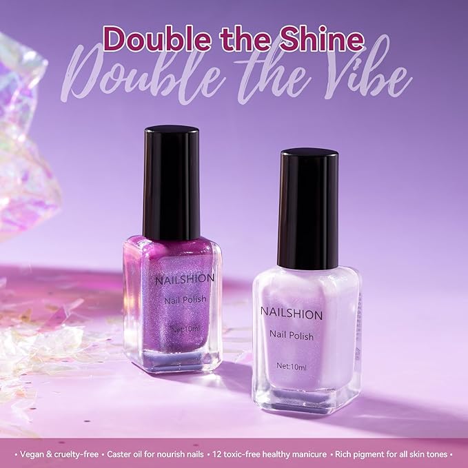Quick Dry Nail Polish, Mermaid Shimmer Shades Fast Air Dry Fingernail Polish Duo, Non-Gel, Vegan, Long Lasting Lilac Glitter Nail Polish Polish Glossy Nail Art DIY Home Manicure