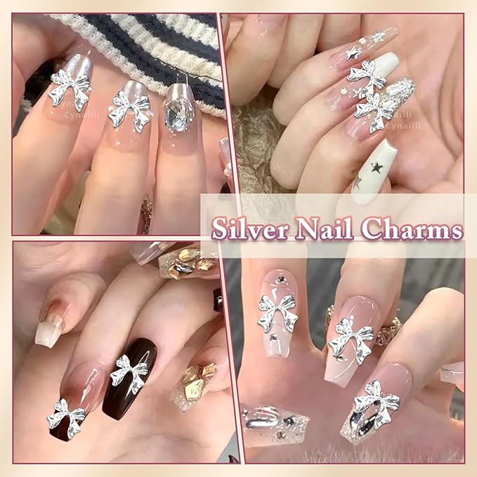 80 Pcs Sliver Bow Nail Gems Charms, 3D Bowknot Nail Charms for Alloy Nails, Cute Bow Tie Nail Jewelry Charms, Shiny Luxury Metal Nail Bow Charms for Nail Art Design Accessories