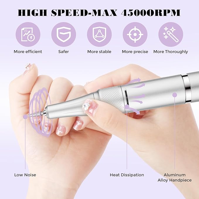 Professional Nail Drill Machine: 45000 RPM, LCD Display, Rechargeable Battery, for Acrylic & Gel Nails - Perfect for Salon and Home Use (White)