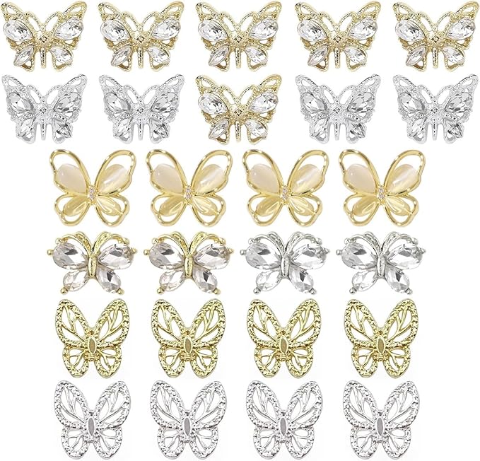 Big Butterfly Nail Charms, 26pcs 3D Golden Silver Butterfly Charms for Acrylic Nails Butterflies Nail Rhinestones Gems Charms Alloy Studs Nail Art Crystals Diamonds Decor Supplies for Nails DIY