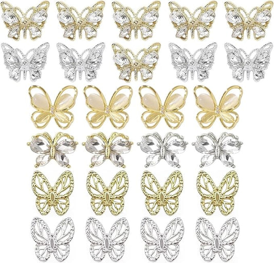 Big Butterfly Nail Charms, 26pcs 3D Golden Silver Butterfly Charms for Acrylic Nails Butterflies Nail Rhinestones Gems Charms Alloy Studs Nail Art Crystals Diamonds Decor Supplies for Nails DIY