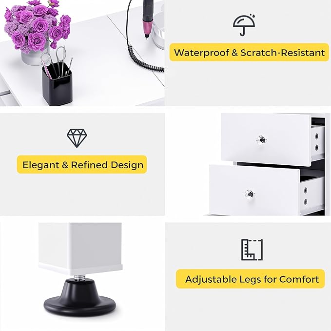 Foldable Nail Table with Dust Collector, Manicure Desk for Nail Tech, with LED Lamp, Wrist Rest, Rolling Nail Table for Salon, Home Beauty Workstation, Compact Nail Station with Storage (White)