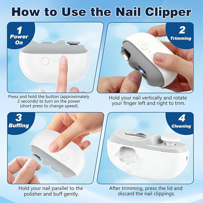 Fanyil Easy Clip Nail Clippers,Easyclip Smart Nail Clipper,Electric Nail Clipper, 3-in-1 Automatic Nail Trimmer, Polisher & Clip Storage with LED Light,for Seniors, Kids (White)