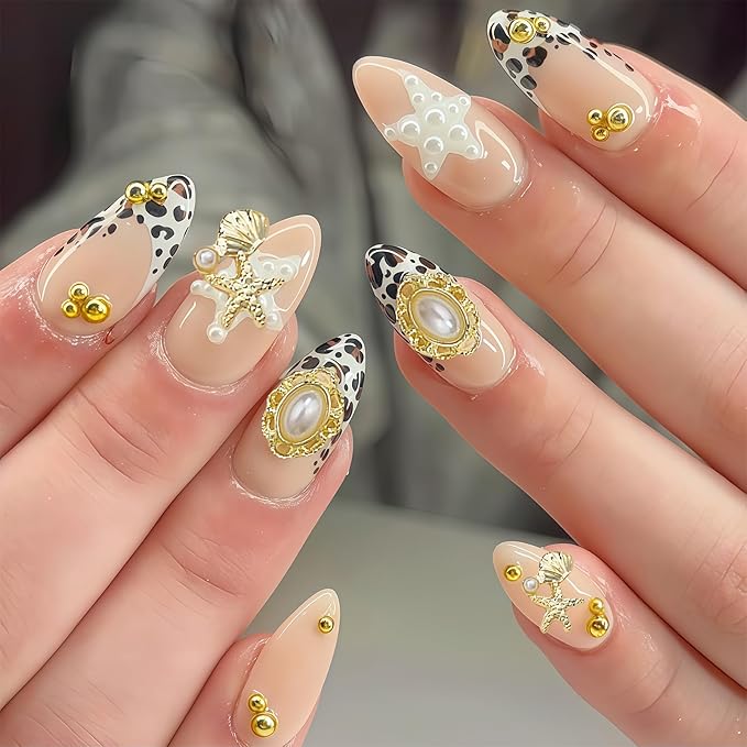 24Pcs Gold Starfish Seashell Charms for Nails Alloy Summer Beach Nail Rhinestones Ocean Theme Nail Art Jewelry Coconut Tree Starfish Pearl Nail Supplies for Nail Art Designs DIY Manicure Decoration
