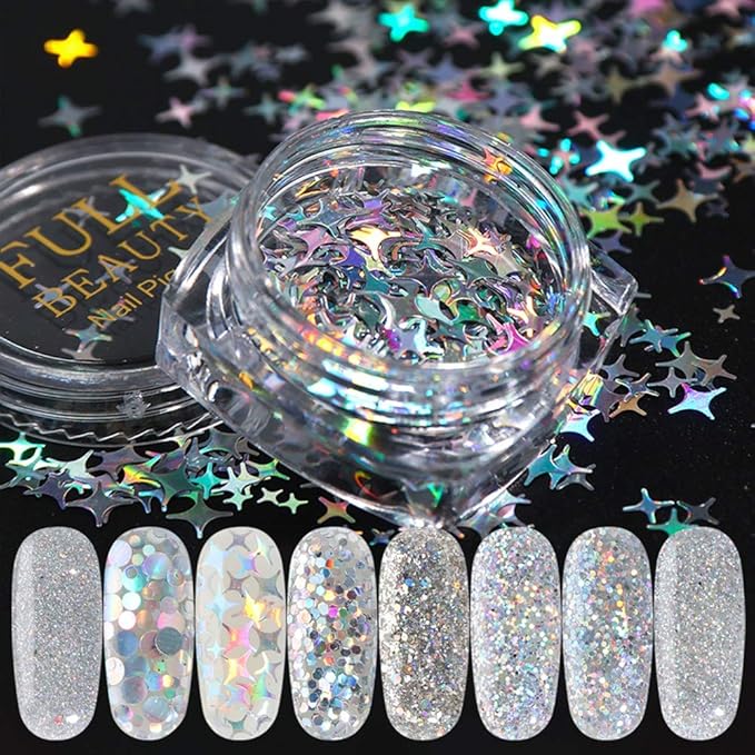 Holographic Nail Art Glitters Sequins 3D Flakes Supplies - Shiny Silver Acrylic Powder Dust Confetti Sparkle for Decoration Manicure Accessories - 8 Boxes