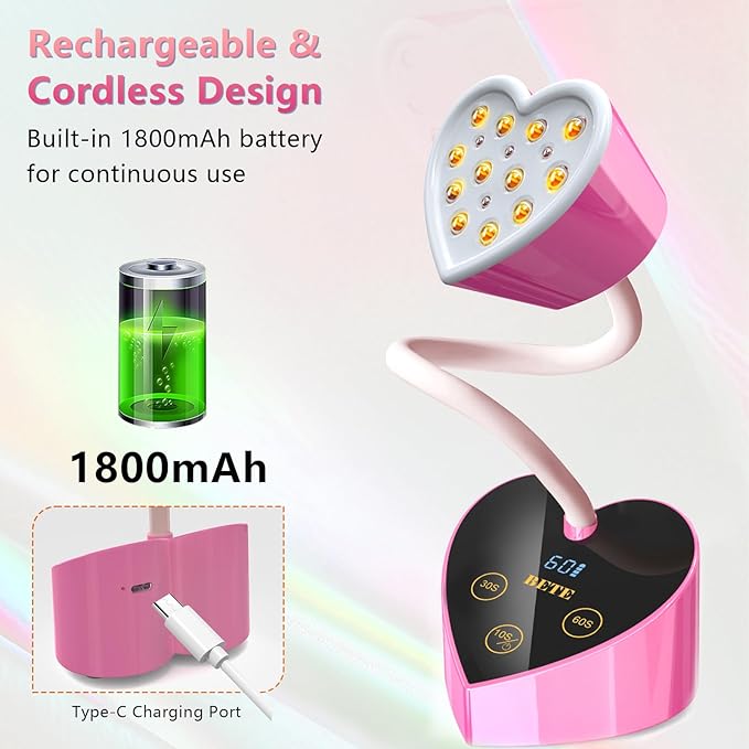 BETE Mini UV Nail Lamp Flash Cure Gel Nail Polish, 360° Foldable Gooseneck UV LED Nail Lamp with Smart Sensor, USB Portable Cordless 30W Rechargeable Nail Dryer with 3 Timers for Salon Home DIY