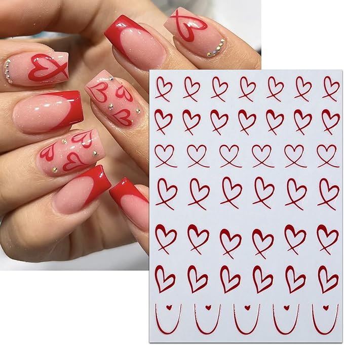 6Pcs Heart Nail Stickers for Nail Art Love Hearts Nail Decals Hollow Love 3D Nail Art French Sticker Self-Adhesive Slider Kawaii Heart-Shaped Manicure Decals Nail Tip for Women Valentine Gift