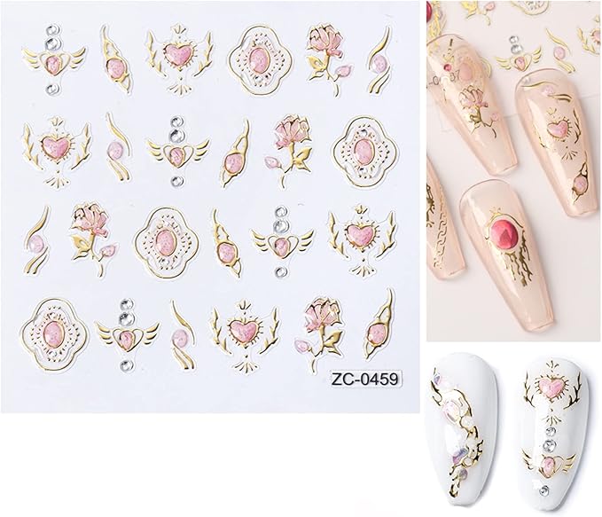 5 Sheets 5D Bronzing Nail Art Stickers Decals,Fishtail Shell Embossed Self-Adhesive Nail Sticker Gemstone Flower Heart Sun Gold Metal Design Nail Art Supplies for Nail DIY Decoration for Women