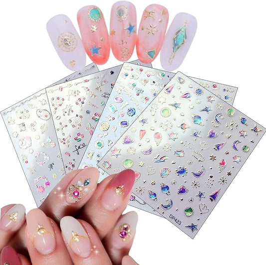 4 Sheets Star Sun Moon Nail Art Stickers 3D Holographic Self Adhesive Glitter Colorful Floral Nail Stickers Sparkly Heart Gems Design Nail Supplies for Women and Girls DIY Manicure Decoration