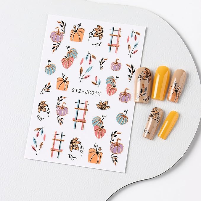 6 Sheets Fall Nail Art Stickers Decals, Thanksgiving Nail Art Accessories 3D Self Adhesive Fall Leaves Nail Decals Autumn Pumpkin Maple Leaf Nail Design DIY Manicure Decoration for Women Nail Supplies