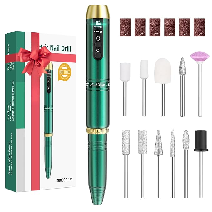 Cordless Nail Drill, Portable Electric Nail File with 11 in 1 Nail Drill Bits for Acrylic Gel Dip Powder Nails, Rechargable Efile Machine Kit for Home Manicure Pedicure, Green