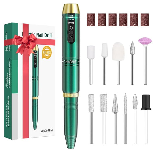 Cordless Nail Drill, Portable Electric Nail File with 11 in 1 Nail Drill Bits for Acrylic Gel Dip Powder Nails, Rechargable Efile Machine Kit for Home Manicure Pedicure, Green